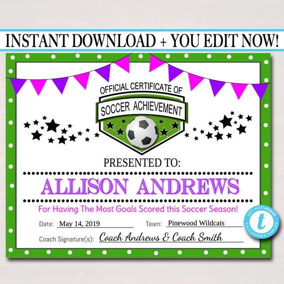 editable soccer award certificates instant download team soccer awards soccer party printable sportsmanship awards sports certificates editable award certificates