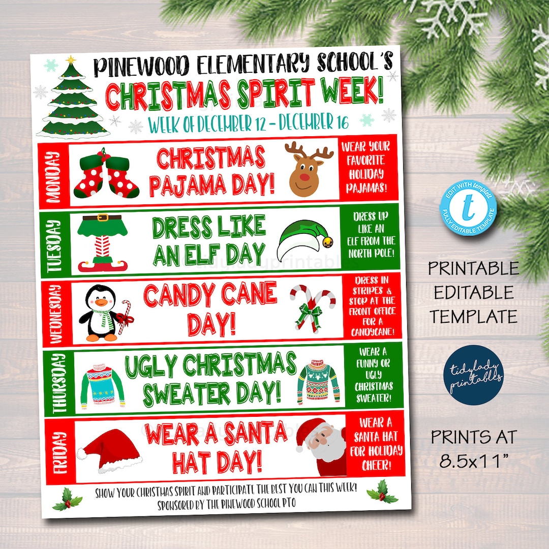 Christmas School Spirit Week Itinerary Schedule, Daily Weekly Calendar Christmas School Spirit Week Itinerary Schedule, Daily Weekly Calendar