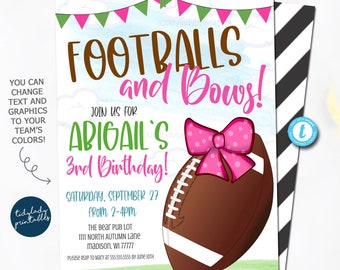 May include: A pink and green birthday invitation with a football and a bow. The invitation says "Footballs and Bows! Join us for Abigail's 3rd Birthday!"  Saturday, September 27 from 2-4pm. The Bear Pub Lot, 1111 North Autumn Lane, Madison, WI 77777. Please RSVP to Mary at 555.555.5555 by 10th June.