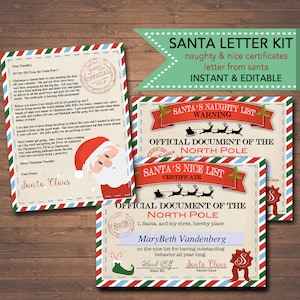 Puede incluir: Kit de cartas de Papá Noel imprimible con un esquema de color rojo, blanco y azul. El kit incluye una carta de Papá Noel, una advertencia de lista de traviesos y un certificado de lista de buenos. El texto del certificado dice "Documento oficial del Polo Norte" y "Certificado de la lista de buenos de Papá Noel".