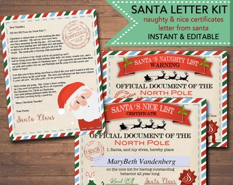 Letter from Santa, Nice/Naughty Certificates, Christmas Eve Box Kit, Reward Certificate Santa's Nice List Editable Template INSTANT DOWNLOAD