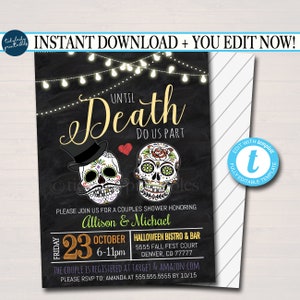 EDITABLE Halloween Bridal Couples Shower Party Invitation, Wedding Halloween Bachelorette Invite Skeleton Death Do Us Part, INSTANT DOWNLOAD