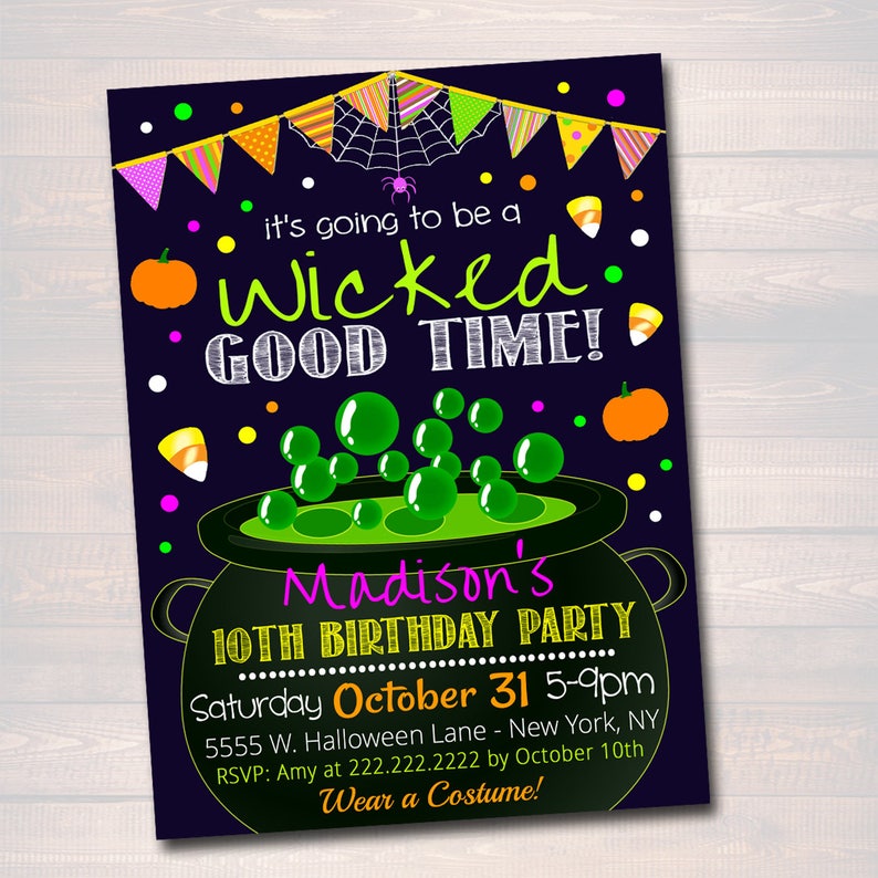 Printable Halloween Party Invitation: Join Us for a Wicked Good Time, Wtiches, Cauldron, Pumpkins (EDITABLE) image 1