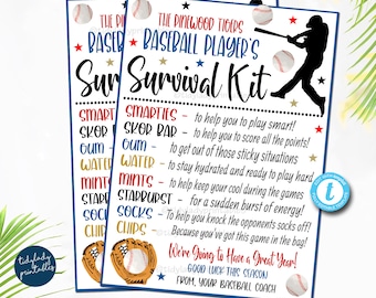 EDITABLE Baseball Survival Kit Printable, Baseball Player Gift, Team Kids School Sports, Tball Baseball Snack Treat Tags, Team Idea TEMPLATE