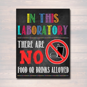 May include: A chalkboard-style sign with the text "IN THIS LABORATORY" in colorful letters. Below, it reads "THERE ARE NO FOOD OR DRINKS ALLOWED" in white. A red circle with a line through it contains a graphic of a burger and a drink.