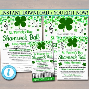 St. Patricks Day Dance Set School Dance Flyer Party einladen, Church Community Event, Shamrock Ball Dance, pto pta, SOFORTIGER DOWNLOAD, bearbeitbar
