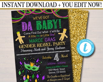 May include: A Mardi Gras themed gender reveal party invitation with a chalkboard background, purple, green, and gold accents, and the text "We've got Da Baby! Come Find Out What it Will Be A Little He or Little She? Mardi Gras Gender Reveal Party Honoring Mark and Jenny Andrews Saturday 4 - March 2:00PM - 6:00PM Jenny and Mike's House 4321 Mardi Street Denver, CO 55555 The Couples is Registered at Amazon.com & Target RSVP TO: AMY AT 555.555.5555 BY FEBRUARY 17TH"