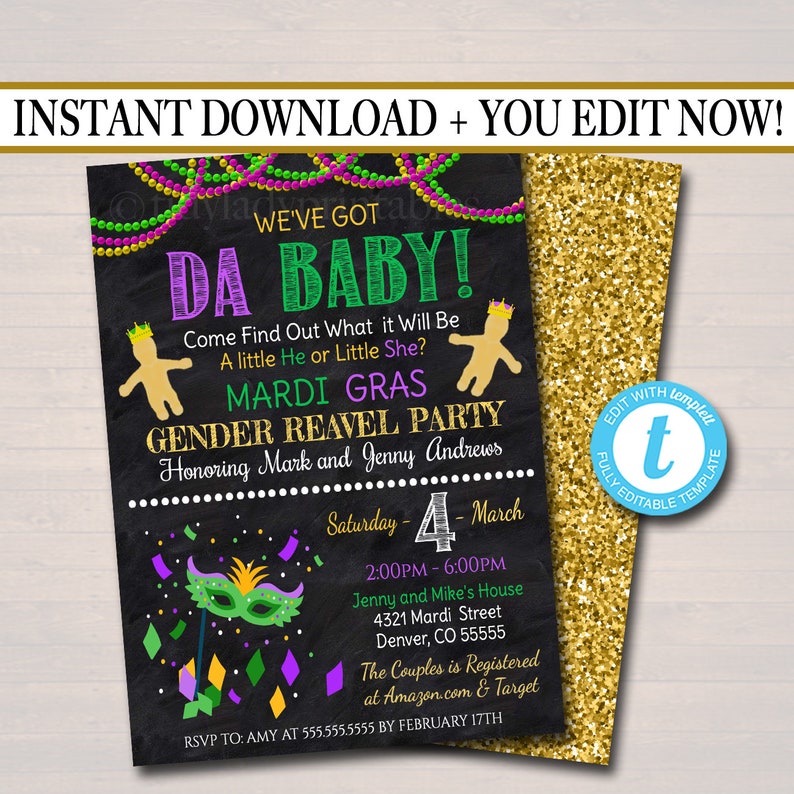 EDITABLE Mardi Gras Gender Reveal Party Invitation, Green Purple Gold Invite Baby Shower Sprinkle King or Queen New Orleans INSTANT DOWNLOAD image 1