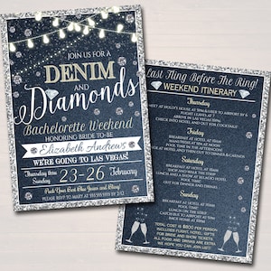 May include: A blue and silver glitter invitation for a bachelorette party in Las Vegas. The invitation says "Join us for a Denim and Diamonds Bachelorette Weekend honoring bride-to-be Elizabeth Andrews. We're going to Las Vegas! Thursday thru Sunday 23-26 February. Pack your best blue jeans and bling!" The invitation also includes a weekend itinerary with activities for each day.