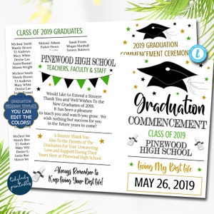 Op de afbeelding: Een afstudeerprogrammasjabloon met een zwarte baret-afbeelding en de tekst "Graduation Commencement Class of 2019 Pinewood High School". De sjabloon bevat bewerkbare kleuren en de datum 26 mei 2019.