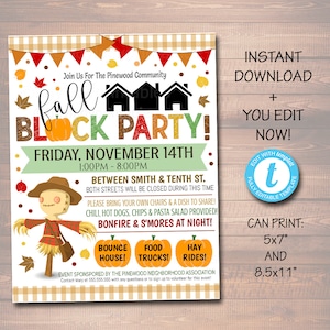 BEWERKBARE Fall Block Party Festival Oogst Uitnodigen Flyer, Afdrukbare Halloween Uitnodiging Buurt Halloweenfeest, Kerkschoolfestival