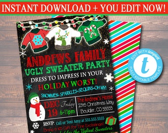 EDITABLE Ugly Sweater Party Invitation, Christmas Party Invite, Holiday Worst Invite Adult Christmas Party, Holiday Ugly Sweater TEMPLATE