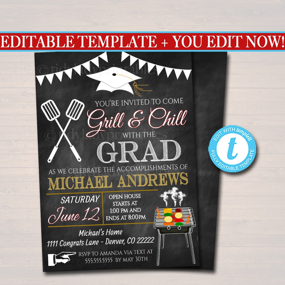 Editable BBQ Graduation Invitation Chalkboard Printable Digital College