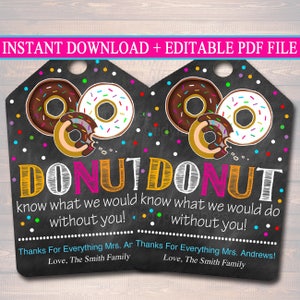 Etiquetas de regalo de donut EDITABLES, Maestra de Navidad, Niñera voluntaria Guardería imprimible, Donut sabe qué hacer sin ti, DESCARGA INSTANTÁNEA