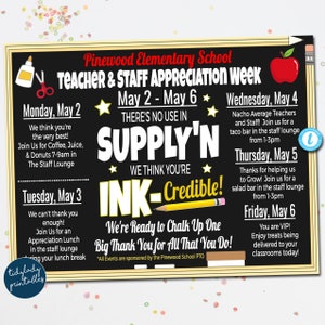 Teacher Appreciation Week Itinerary Poster, Thank You Teachers Staff Chalkboard Invite, School Pto Pta Event Schedule, EDITABLE TEMPLATE