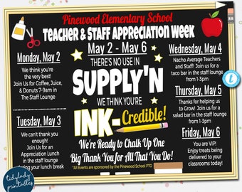 May include: A black chalkboard sign with white text announcing Teacher & Staff Appreciation Week at Pinewood Elementary School. The sign lists events for each day of the week, including a coffee and donut breakfast, a taco bar, a salad bar, and a lunch appreciation. The sign is decorated with a red apple, a pencil, and a pair of scissors.