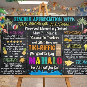 Itinéraire modifiable de la semaine d'appréciation des enseignants sur le thème de la plage, événements de remerciement du personnel imprimables thème tropical mahalo tiki luau imprimable