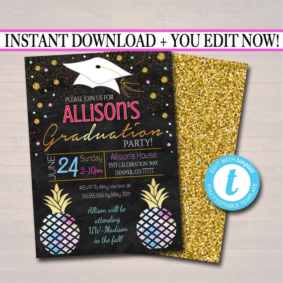 EDITABLE Graduation Party Invitation, High School Graduation Invitation, DIY Digital Invite, College Pineapple Watercolor Boho Bohemian Chic Il_570xn