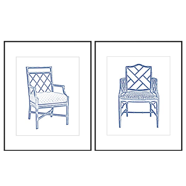 Bleu et Blanc Chinoiserie Chair Digital Art Print, INSTANT DOWNLOAD, Bamboo Chair Print, Chippendale Chair, Palm Beach Chic Decor Set de 2