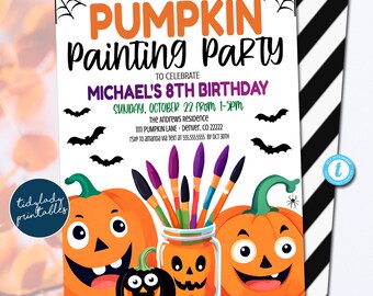 May include: A printable invitation for a pumpkin painting party to celebrate Michael's 8th birthday. The invitation features three cartoon pumpkins with paintbrushes and a jar of paint. The text on the invitation reads "Join us for a Pumpkin Painting Party to Celebrate Michael's 8th Birthday, Sunday, October 22 from 1-5pm, The Andrews Residence, 1111 Pumpkin Lane - Denver, CO 22222, RSVP to Amanda via text at 555.555.5555 by Oct 30th."