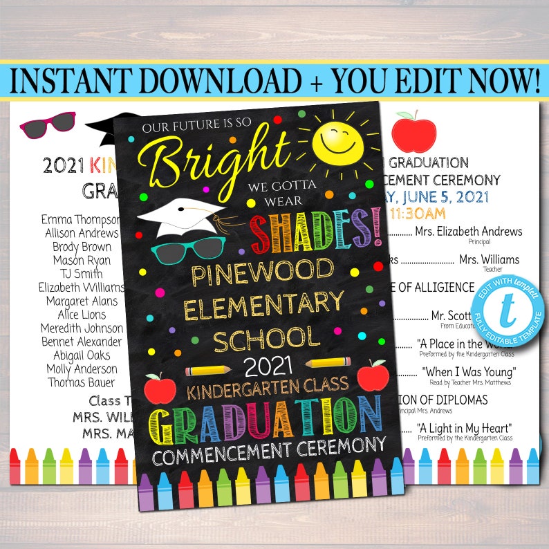 Graduation Ceremony Bundle, Invite, Diploma, Program Template, Any Grade School, Future is So Bright we gotta wear Shades, EDITABLE TEMPLATE image 3