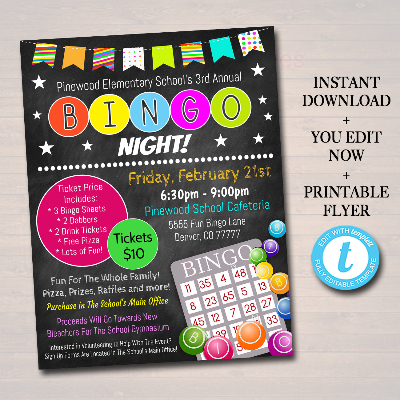 EDITABLE Bingo Night Flyer Printable PTA PTO Flyer School  Etsy Regarding Bingo Night Flyer Template