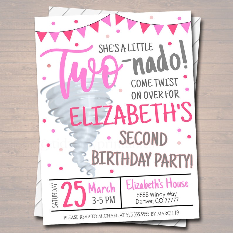 Tornado Birthday Party Invitation, Storm Chaser Second Birthday Two-nado Kids Party, Girls Twister Birthday Invite, DIY EDITABLE Template image 2