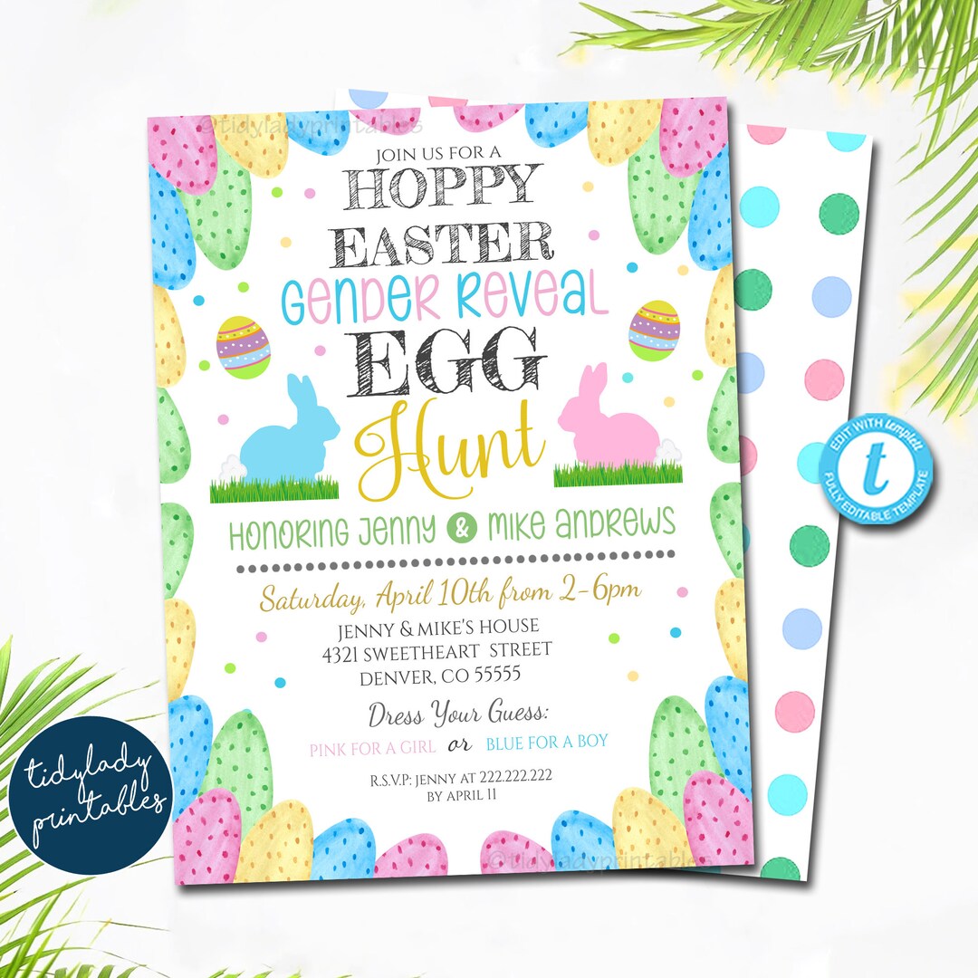 Easter Gender Reveal Invitation, Editable Easter Egg Hunt Baby Invite Baby Shower Hoppy Easter