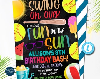 Puede incluir: Una invitación colorida a una fiesta de cumpleaños con un fondo de pizarra. El texto dice "Swing on Over for Some Fun in the Sun Allison's 8th Birthday Bash!" con detalles sobre la fiesta, incluyendo la fecha, la hora, la ubicación y la información de RSVP.