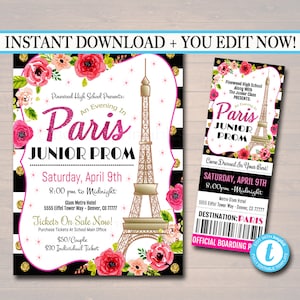 EDITIERBARE Prom Ticket / Flyer Set School Dance Flyer Digital Invite, An Evening in Paris, High School Dance Event, pto, pta INSTANT DOWNLOAD