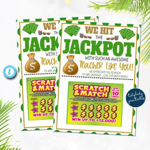 MODIFICABILE Grazie a un titolare della carta regalo della lotteria, Apprezzamento dell'insegnante stampabile, DOWNLOAD IMMEDIATO Regalo di Natale, Ha vinto l'insegnante del Jackpot come te!