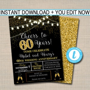 EDITABLE 60th Party Invitation, Birthday Printable Cheers to Sixty Years, Digital 60th Wedding Anniversary Invite, Black & Gold Party