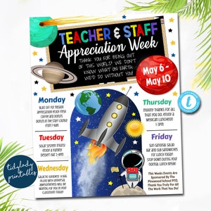 Weltraum Thema Lehrer Wertschätzung Woche Reiseplan Poster Digitale Wochenplan Veranstaltungen, pto pta Fundraiser Ausdrucke EDITIERBARE Vorlage DIY