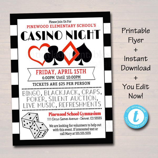 EDITABLE Casino Night Flyer School Event Cards Party Invitation, Family Night, Church Community Bingo Poker, pto, pta, INSTANT DOWNLOAD