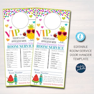 EDITABLE Room Service Door Hanger, INSTANT DOWNLOAD, Teacher and Staff Appreciation Ideas, Printable Editable Thank You Tags, School Pto Pta