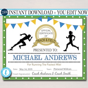 EDITABLE Track & Field Award Certificates, INSTANT DOWNLOAD, Track Awards, Track Party Printable, Printable Award Sports Runner Certificates image 1