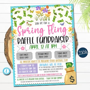 May include: A colourful flyer for a Spring Fling Raffle Fundraiser to benefit the Pinewood School Baseball Team. The flyer features a floral design with butterflies and money falling from the sky. The event is scheduled for 12th April at 1 PM. The flyer lists the prizes for the raffle: £1,500, £1,000, and £500 cash. It also includes information about ticket prices and how to purchase tickets.