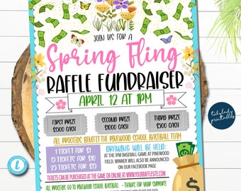 Spring Raffle Ticket Fundraiser Flyer, Easter split the pot Raffle, cash raffle, Sports Spring Fling Fundraiser, pto Church School Charity