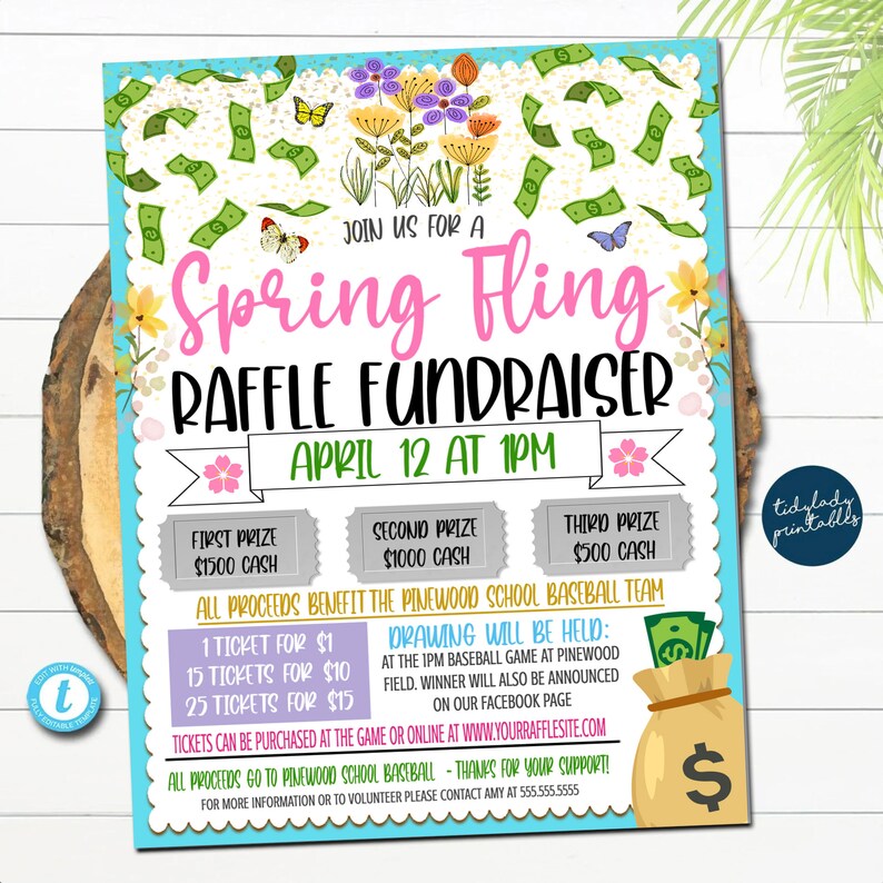 April Spring Raffle Spring Fling Raffle Flyer Template: Editable Fundraiser (digital ...
