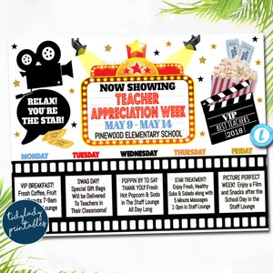 Editable Hollywood Teacher Appreciation Staff Invitation Newsletter, Printable Appreciation Week of Events, Take Home Flyer INSTANT DOWNLOAD