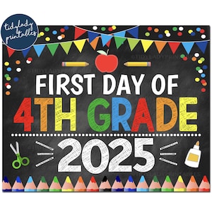 Primer día de cuarto grado 2025, cartel imprimible de regreso a clases, confeti de colores primarios para niño, descarga digital instantánea de cuarto grado