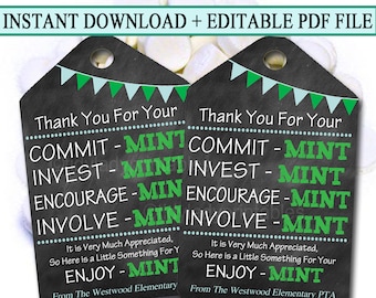 Printable Thank You Tags, Volunteer Mint Labels, Printable, INSTANT + EDITABLE, Thank You Gift, PTA Staff Gift Appreciation Mint Favor Label