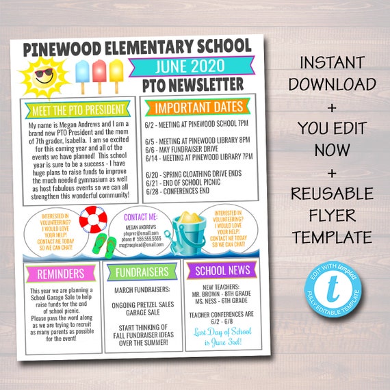 June Pto Pta Newsletter Flyer Classroom Printable Handout End Of School Year Calendar Meeting Agenda Printable Organizer Editable Template By Tidylady Printables Catch My Party