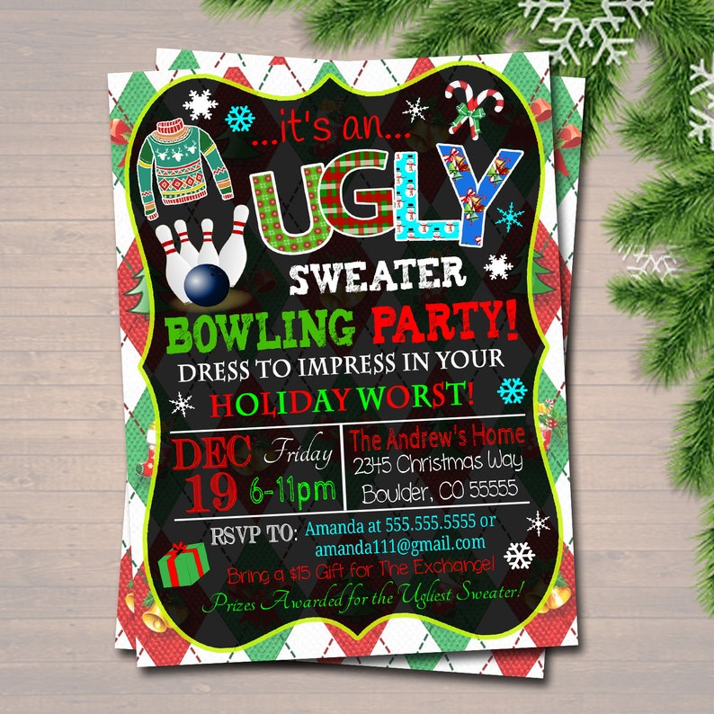 Holiday Bowling Party Invitation Christmas Ugly Sweater Party | Etsy