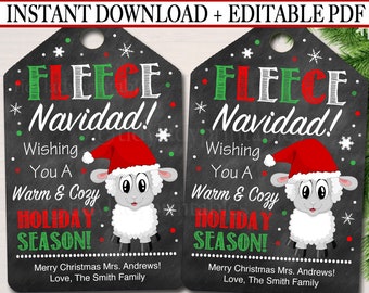 EDITABLE Fleece Navidad Christmas Gift Tags, Secret Santa, Office Staff Teacher Gift Holiday Printable, White Elephant, INSTANT DOWNLOAD