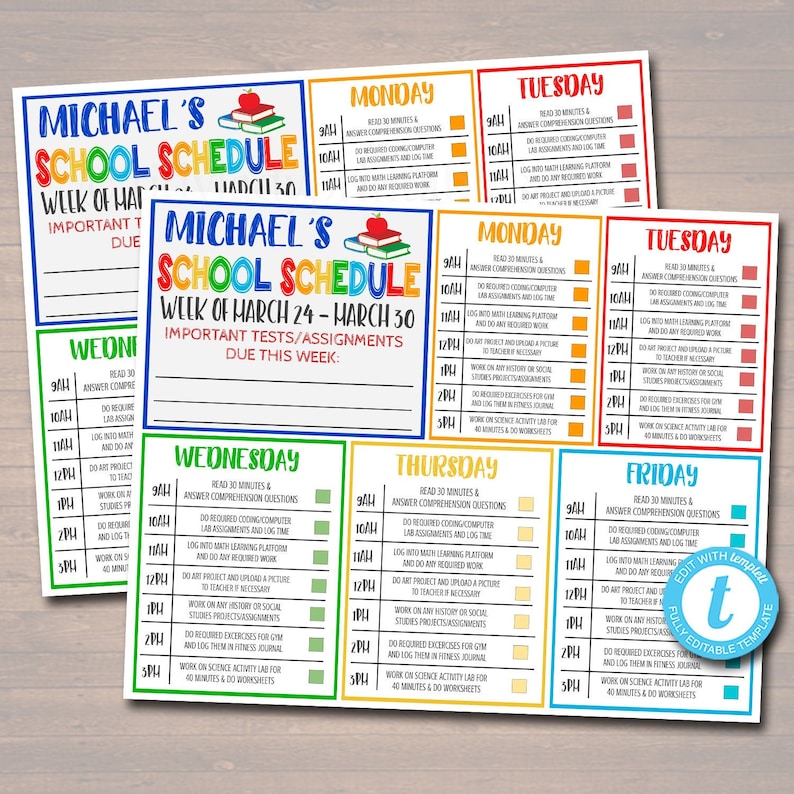 Home School Schedule, Daily Weekly Subject Checklist, Homework Organizer, Kids Student Calendar Planner Printable, Editable Template image 2