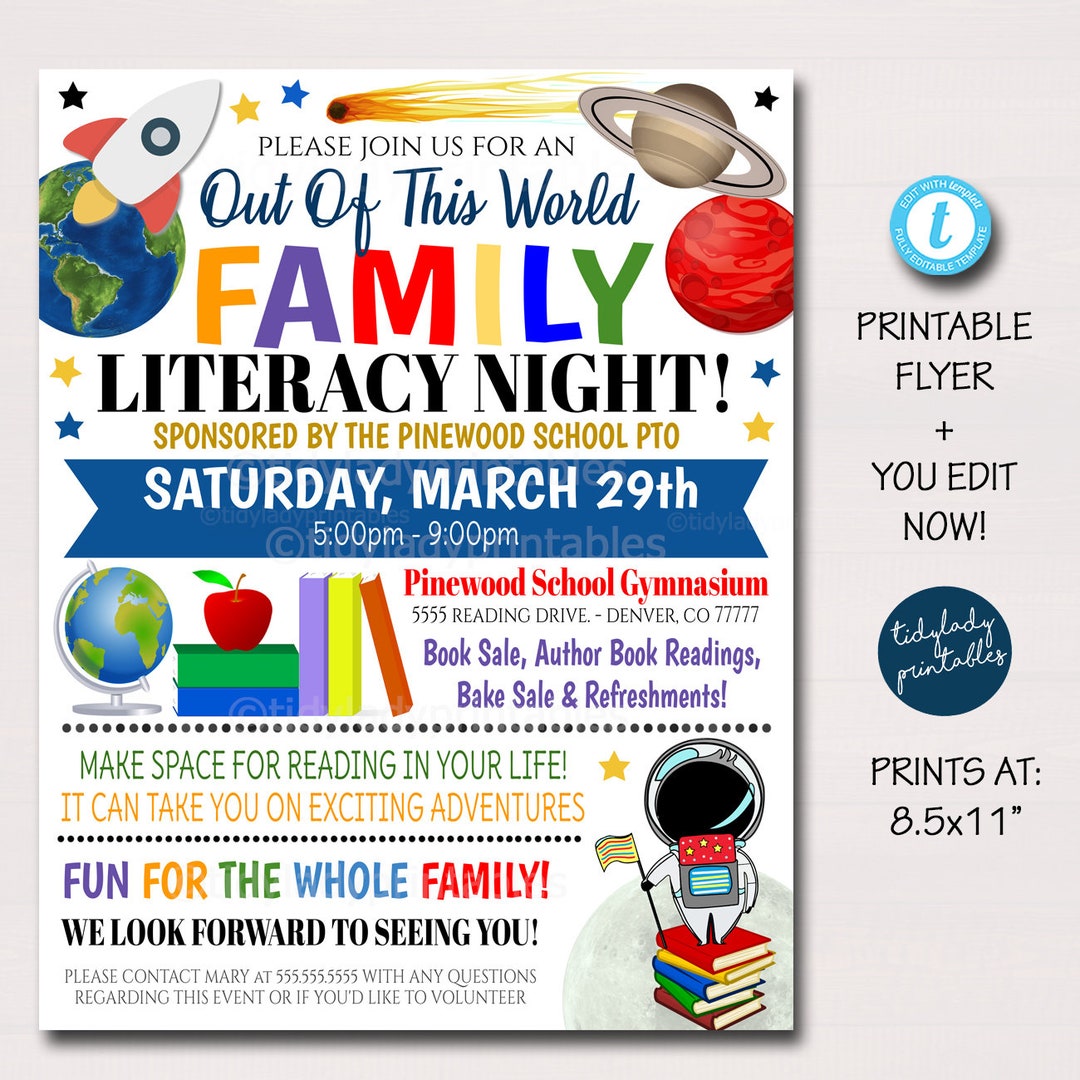 Family Literacy Night Flyer, Printable PTA PTO Flyer, School Church
