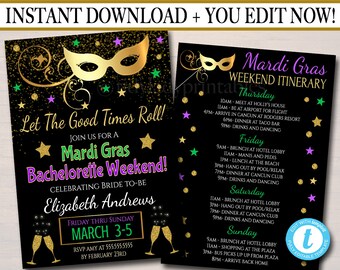 Könnte beinhalten: Eine Einladung zu einem Mardi Gras-Junggesellinnenabschied mit schwarzem Hintergrund, goldenem Glitzer, lila und grünen Sternen und einer goldenen Maske. Die Einladung enthält den Text "Let the Good Times Roll!" und "Join us for a Mardi Gras Bachelorette Weekend!" mit dem Namen der zukünftigen Braut, Elizabeth Andrews. Die Einladung enthält auch die Daten "March 3-5" und RSVP-Informationen. Der zweite Teil der Einladung ist eine schwarze und goldene Reiseroute mit dem Text "Mardi Gras Weekend Itinerary" und einer Liste von Aktivitäten für jeden Tag des Wochenendes.