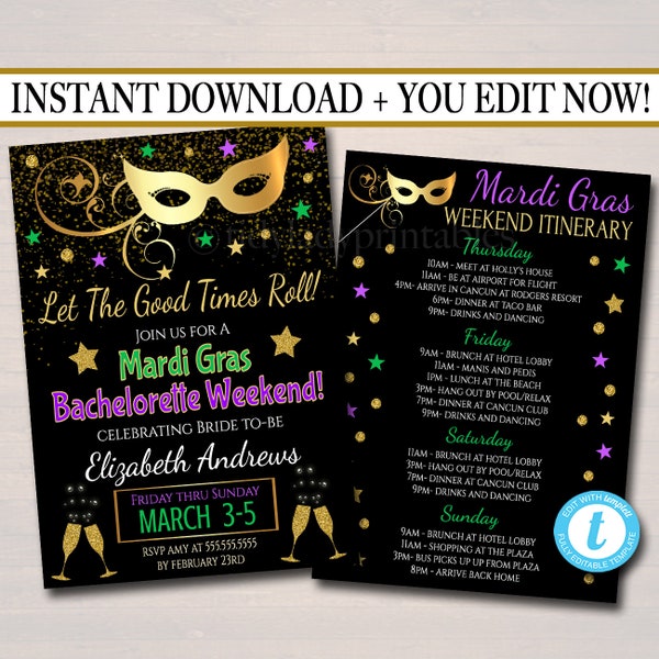 EDITABLE Mardi Gras Bachelorette Party Invitation, Glitter Green Purple Gold Invite, New Orleans Girls Weekend Itinerary, INSTANT DOWNLOAD