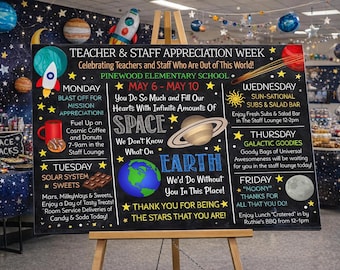 Space Theme Teacher Appreciation Week Itinerary Poster, Employee Staff Out of this World Theme Printable (Editable, Digital Download)